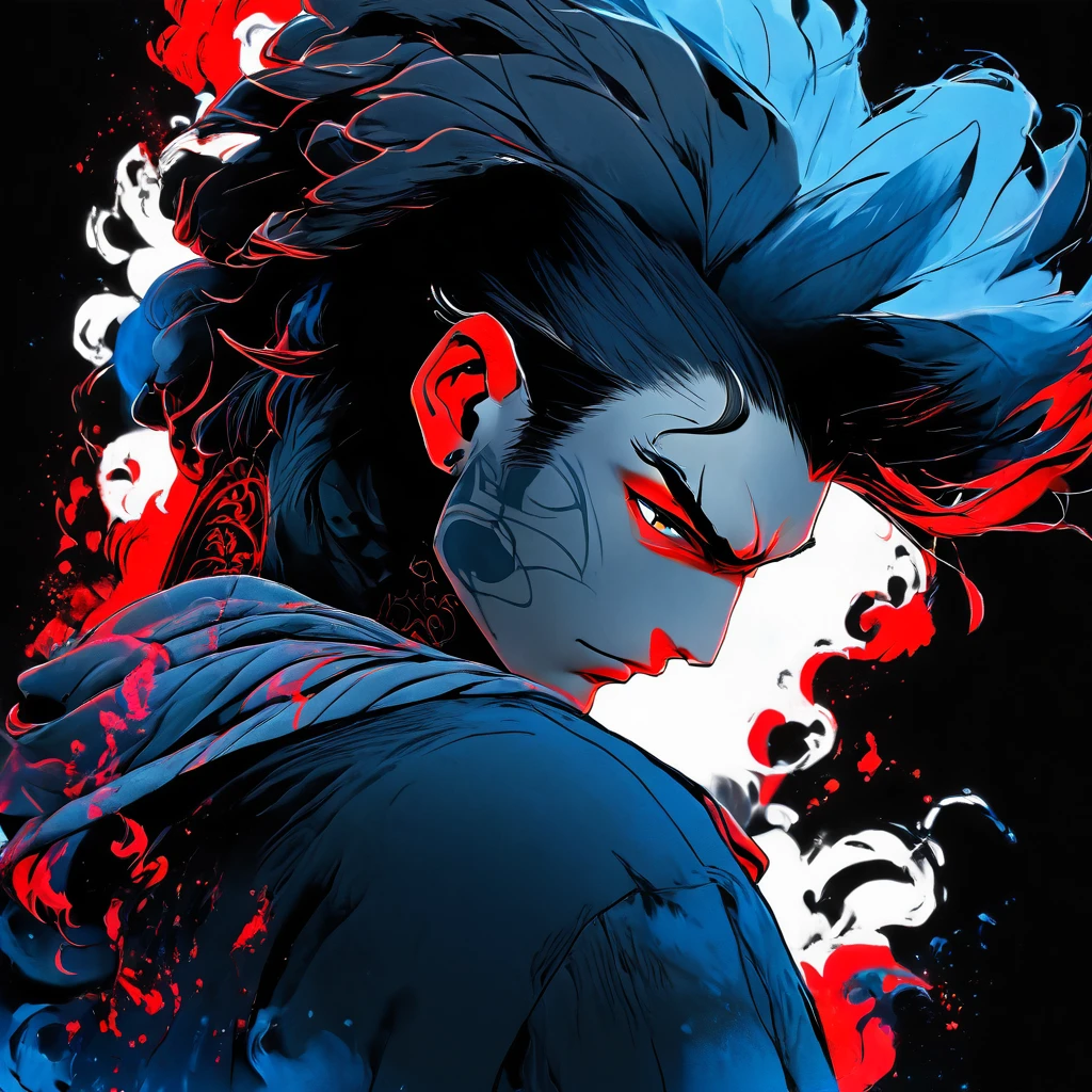 solo, handsome, Monochrome,watercolor,1 male, Ponytail, Braided black hair, red eyes, Gojo Satoru,casual,Blue Rose Tattoo,black Oversized hoodie,casual,Stylish,cool,
blackbackground,icon,Despise face up