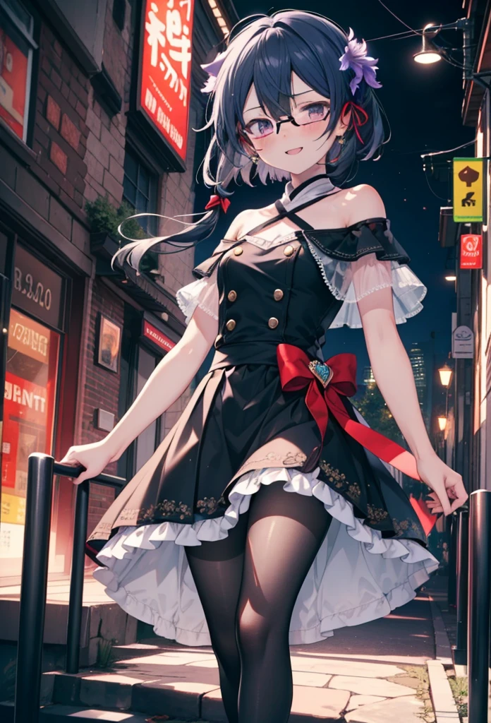chino asada, Shino Asada, (Iris:1.5), Black Hair, Hair between the eyes, hair ribbon, short hair, Side Lock, Glasses, (Small breasts:1.2),happy smile, smile, Open your mouth,blush,Cold shoulder tops,Short sleeve,Long skirt,Black pantyhose,Stiletto heels,Walking,whole bodyがイラストに入るように,
break looking at viewer,whole body,
break outdoors, Building district,
break (masterpiece:1.2), Highest quality, High resolution, unity 8k wallpaper, (figure:0.8), (Beautiful attention to detail:1.6), Highly detailed face, Perfect lighting, Highly detailed CG, (Perfect hands, Perfect Anatomy),