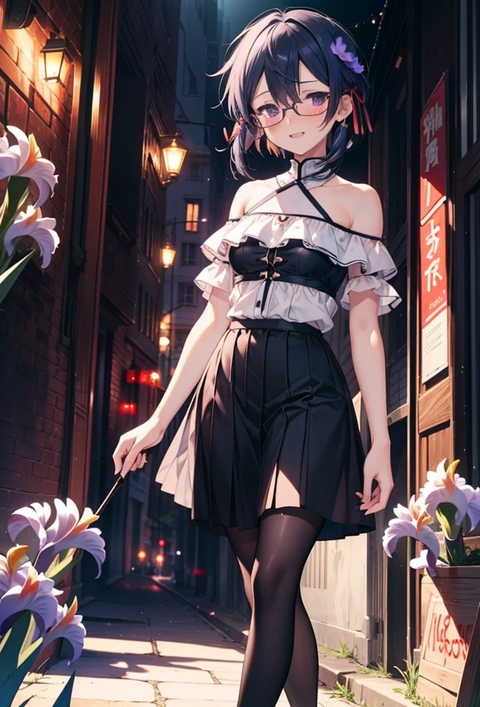 chino asada, Shino Asada, (Iris:1.5), Black Hair, Hair between the eyes, hair ribbon, short hair, Side Lock, Glasses, (Small breasts:1.2),happy smile, smile, Open your mouth,blush,Cold shoulder tops,Short sleeve,Long skirt,Black pantyhose,Stiletto heels,Walking,whole bodyがイラストに入るように,
break looking at viewer,whole body,
break outdoors, Building district,
break (masterpiece:1.2), Highest quality, High resolution, unity 8k wallpaper, (figure:0.8), (Beautiful attention to detail:1.6), Highly detailed face, Perfect lighting, Highly detailed CG, (Perfect hands, Perfect Anatomy),