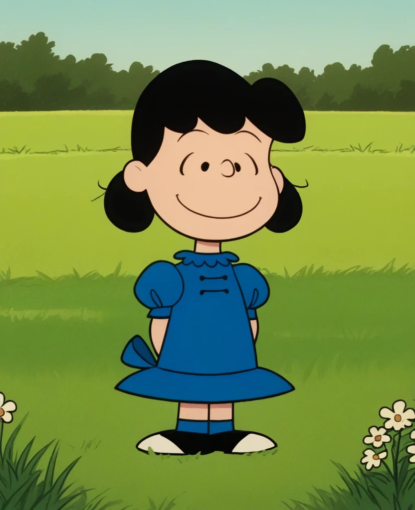 score_9, score_8, score_7, BREAK, 1girl, solo, lucy, black hair, blue dress, puffy sleeves, outdoors, grass, smiling, happy, standing, looking on viewer,