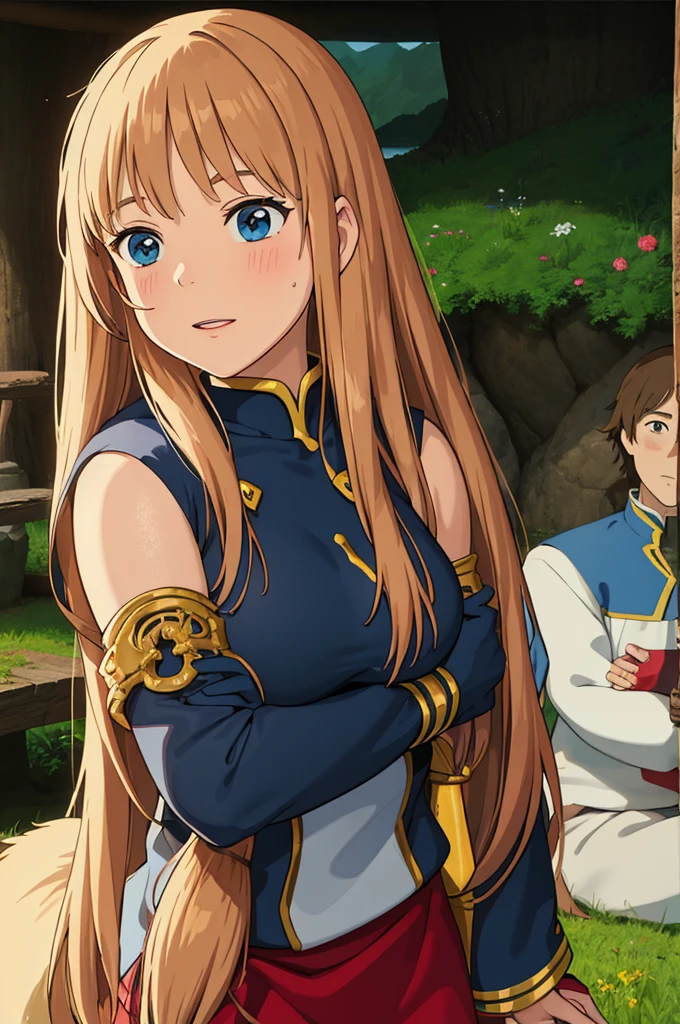 asuna_elf, anime art style, 1girl, solo, long_hair, looking_at_viewer, brown_hair, navel, bare_shoulders, brown_eyes, very_long_hair, closed_mouth, upper_body, sky, pointy_ears, midriff, blue_sky, crop_top, frown, elf, fantasy, ear_covers, (Panties Pose), (Fully exposed panties:1.5)、(white panties:1.3)、(Skirt that rolls up:1.3)、(Skirt lift:1.3), Panties shots, anime outfit,