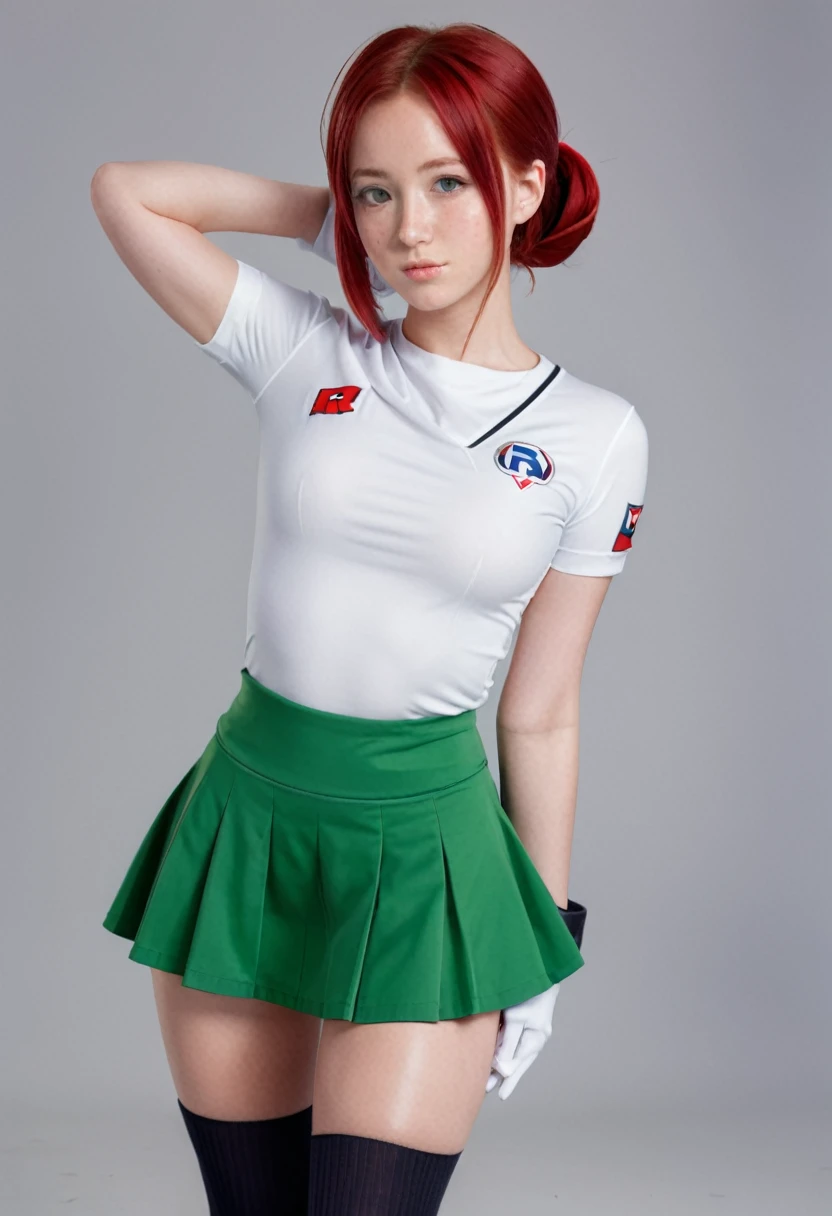 high quality instagram photo, full body of a Scandinavian girl, 20 years old, red hair, sexy, short height, green eyes, freckles, cute face, large breasts, wearing Team Rocket,rocket team uniform,white skirt,red letter R,short top,black thigh high stockings,black elbow length gloves,