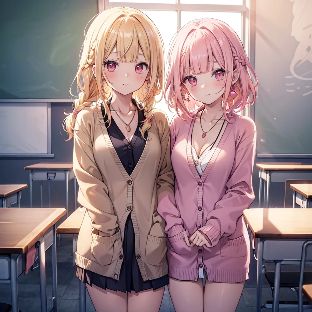 (((anime))), ((anime)), (Gal), Medium Hair, (Braid:1.3), (Blunt bangs:1.2),Two-tone hair, Blonde, (Pink Hair), Round face, Red eyes, (Droopy eyes), (((puppet))),Pink Lip,Earrings,necklace,[Dark Skin], A light smile, ((((cute)))), beautiful, 1 Girl, alone, (cardigan:1.4), [Cleavage cutout],peace sign,beautiful background,(classroom:1.5),evening,sunlight,Backlight,masterpiece,Highest quality,Exquisite,8K,Absurd,Ultra-fine illustrations,(View your viewers)