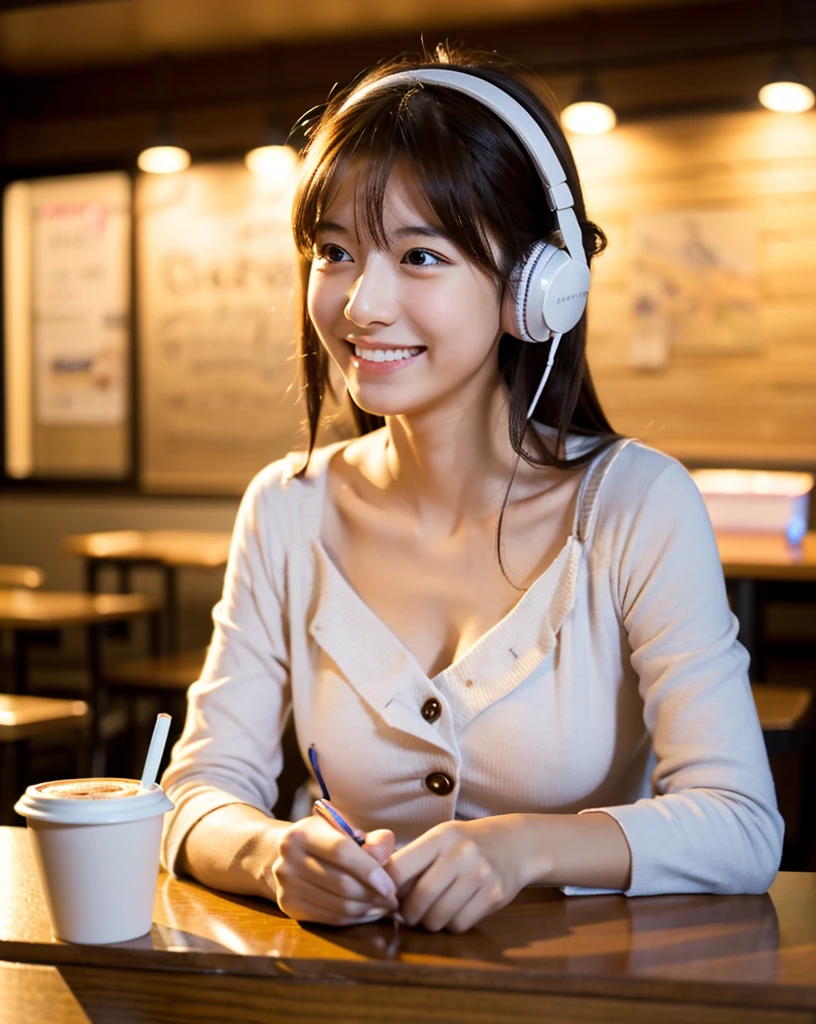 Ultra HD、128k、masterpiece、A cute elementary school girl studying in a coffee shop while listening to music with headphones、clavicle, RAW Photo、pretty girl、Hands on headphones, Warm lighting、Beautiful night view、Japanese anime style、Big Breasts, Looking at this, smile, Smile