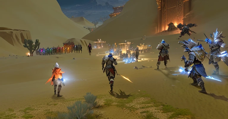 there are many people in the desert area with many lights, <mmorpgs scene, Stormcloaks vs. Imperials, mmorpg gameplay, tribe members attack, mmorpg, trading on pxiv, Consequences of a large-scale battle, Heroic Battle Scene, from the cemetery of black magicians!!!, Epic battle scene, In-game shot, PC screenshot, ffxi