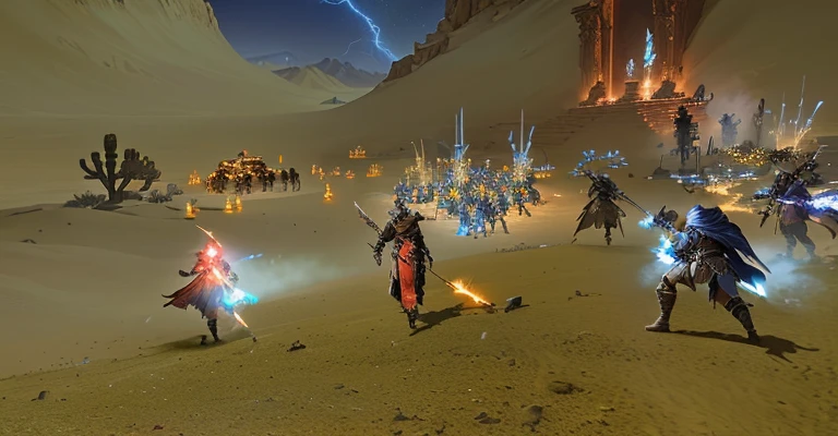 there are many people in the desert area with many lights, <mmorpgs scene, Stormcloaks vs. Imperials, mmorpg gameplay, tribe members attack, mmorpg, trading on pxiv, Consequences of a large-scale battle, Heroic Battle Scene, from the cemetery of black magicians!!!, Epic battle scene, In-game shot, PC screenshot, ffxi