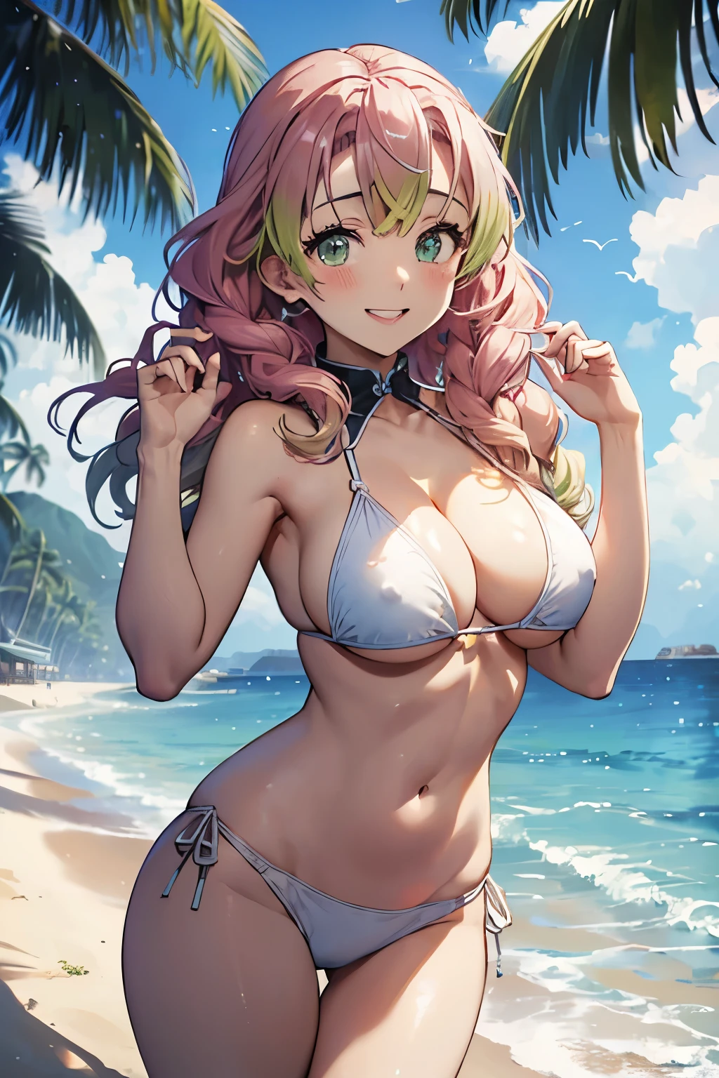 (8K、masterpiece、Highly detailed background、high resolution)、(Mitsuri Kanroji)、Cleavage、(beach、White Bikini、Swim ring、Gravure pose、Embarrassed smile、Nipple protrusion)
