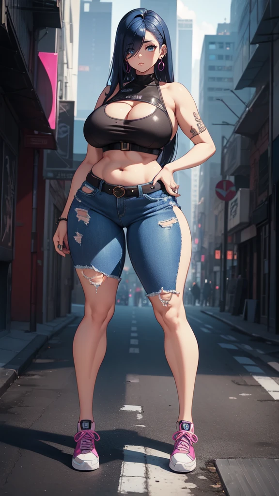 (blank background), (((full body framing))), standing, (masterpiece), (best quality), huge girl, (muscular girl:0.8), (thin hair:1.7), (long blue jeans), massive breast, hair over one eye:1.4, sport bra, (fuchsia hair), belt under navel, sneakers, ((long legs:1.6)), rock band shirt, cute:1.8, adorable:1.8, leather jacket, cyberpunk girl, ear piercings, earrings, tatoo, (very curvy:1.3), 1girl, solo, (curvy:1.4)