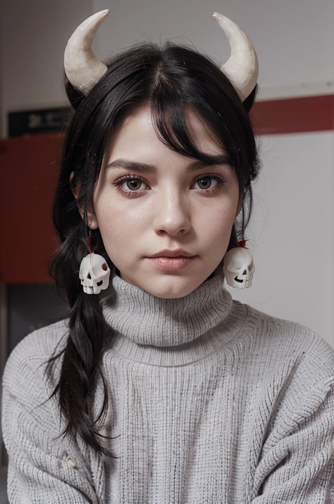 Black hair, red horns, white skin, red eyes, gray sweater with a purple skull