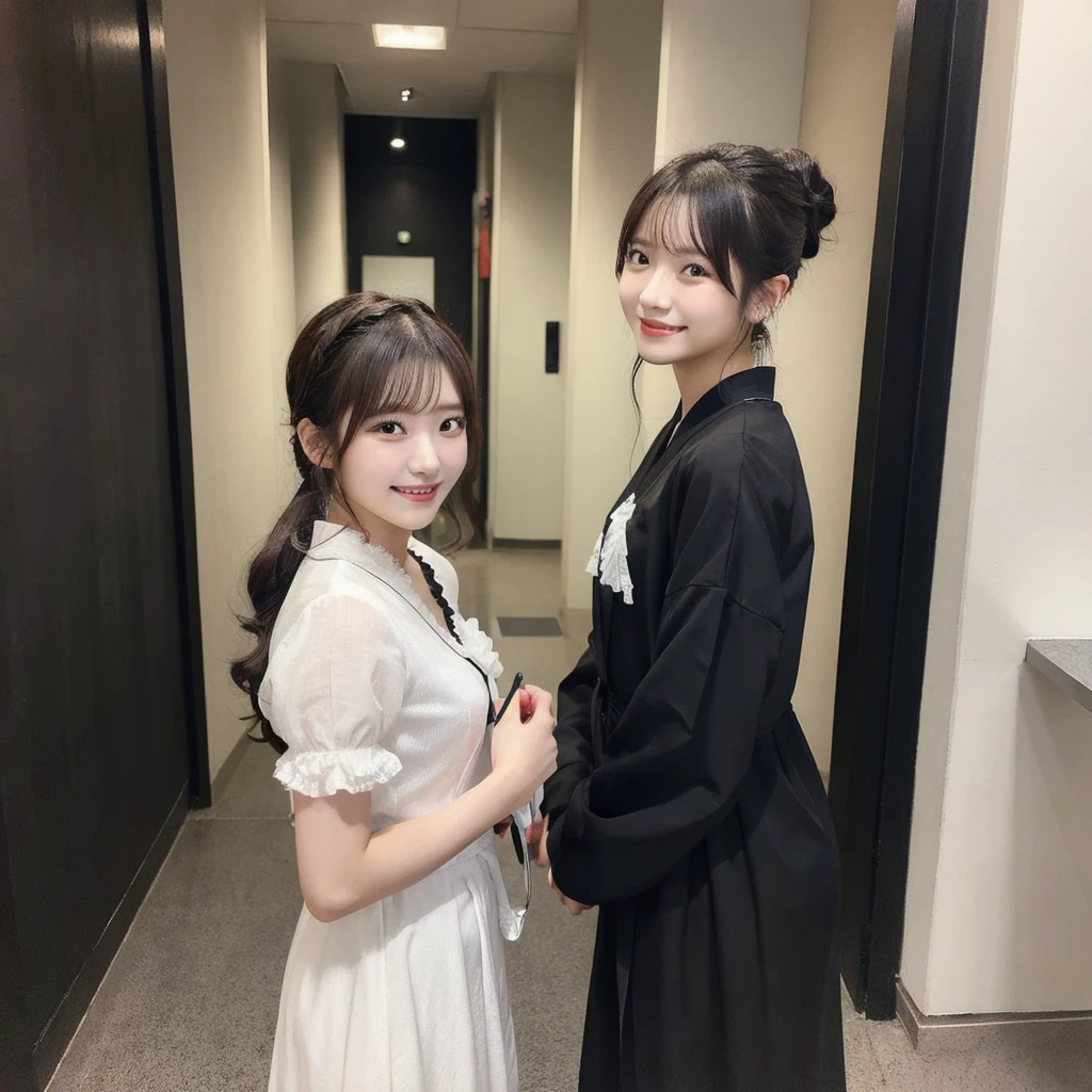 Draw a female idol singer being interviewed。She is Japanese。19years old。cute。Hair color is black。The hairstyle is a ponytail。The face has a smiling expression。The costume is white and frilly.。Being interviewed while being photographed。The location is a corridor with black walls.。