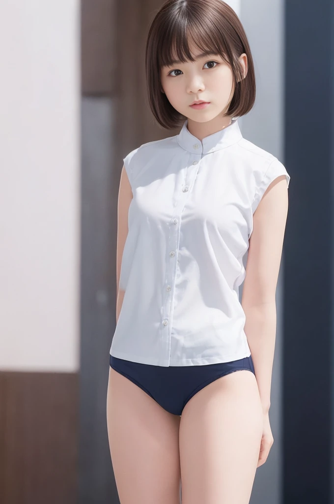 Picture taken from the front, with the left and right sides equally spaced, draw symmetrically, simple background, equally spaced left and right, stand upright, cowboy shot, (arms behind back:1.5), One girl, 18 years old, very short hair, ((white shirt, navy blue panties))