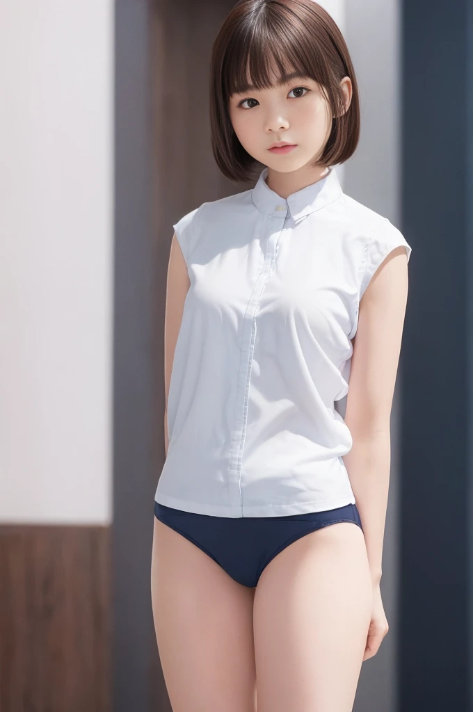 Picture taken from the front, with the left and right sides equally spaced, draw symmetrically, simple background, equally spaced left and right, stand upright, cowboy shot, (arms behind back:1.5), One girl, 18 years old, very short hair, ((white shirt, navy blue panties))