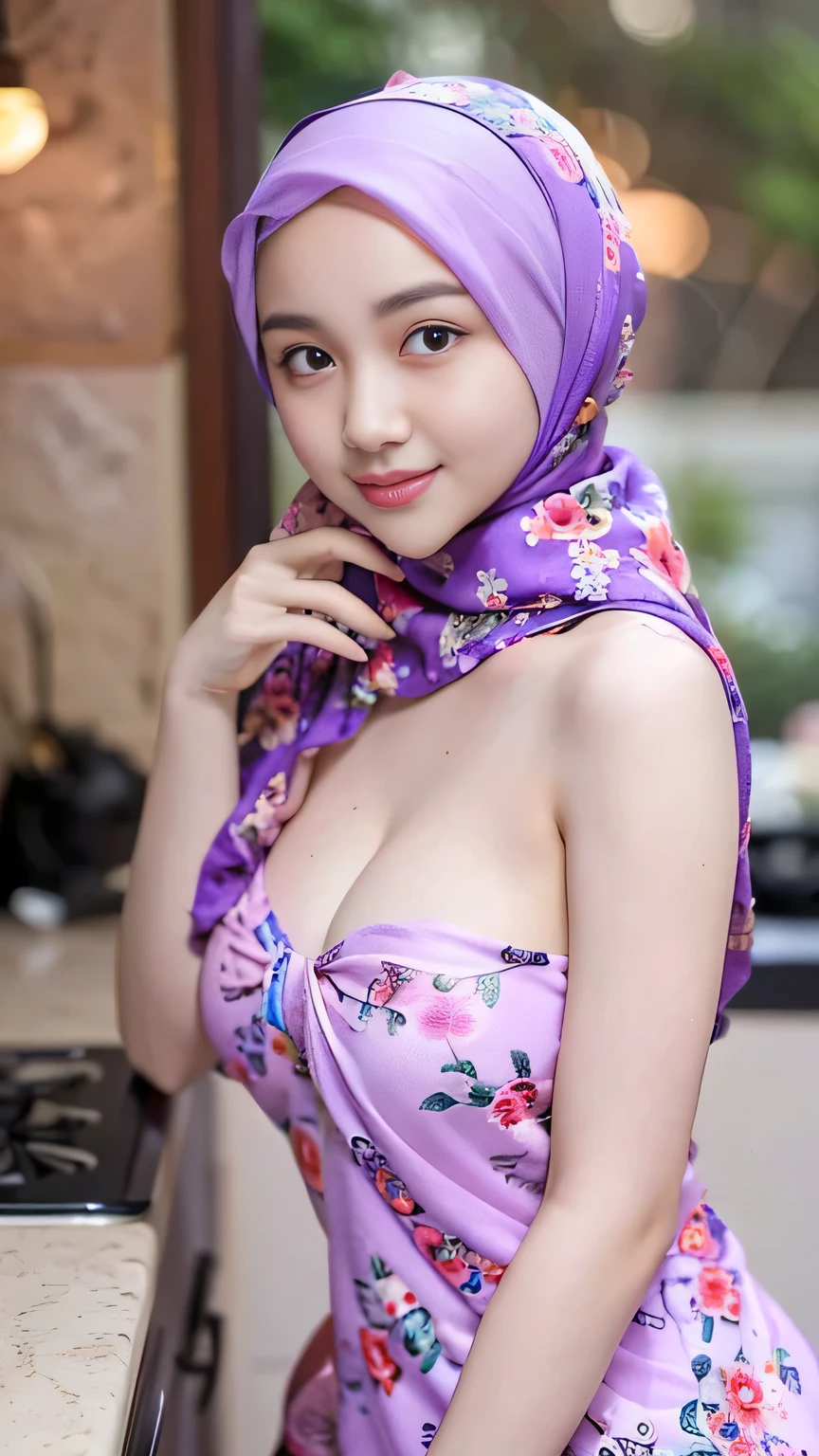 Hyper realistic, Beautiful, cute Face, 20 Years old russian ****ta Girl, (wearing hijab), wearing sexy seethru light purple floral mini house dress, unbuttoned floral house dress, ((lifted dress)), open breast, Rounded small Breast,slightly Chubby , buttock:1.2, White Skin, Smiling, kitchen Background, upper body, Perfect Potrait, Bokeh Effect, Look at Viewer, Perfect Eye, Perfect Hand, Perfect Finger, (small breast), ((adorable:1.2)), ((masterpiece:1.1)), ((bokeh:1.2)), side view, seductive pose