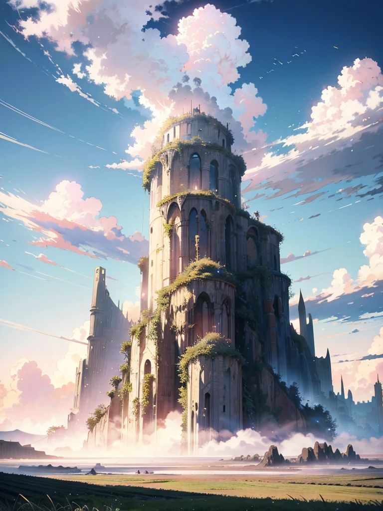 ridiculous resolution, high resolution, (masterpiece:1.4), super detailed, expansive landscape photograph, (A view from bottom), fields, (no building or architecture), (just sky), Twillight skies, clouds, flare, floating, anime background, --v 6