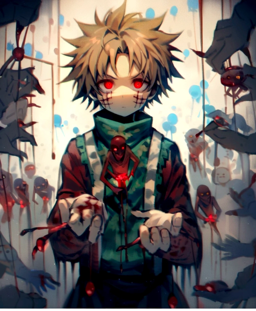 Male,bloody red eyes,body stitches,looks insane,has puppet strings on fingers, short white,hair,yandere,talk,in a dark space,wearing all dark red