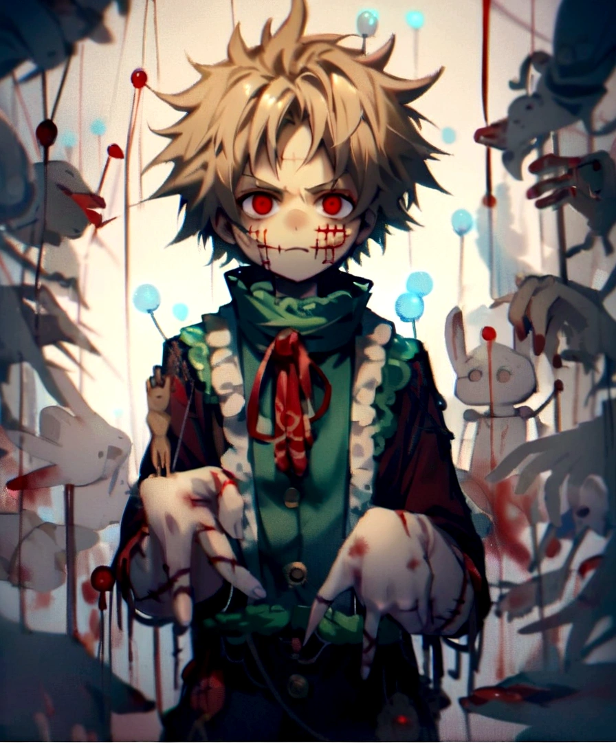 Male,bloody red eyes,body stitches,looks insane,has puppet strings on fingers, short white,hair,yandere,talk,in a dark space,wearing all dark red