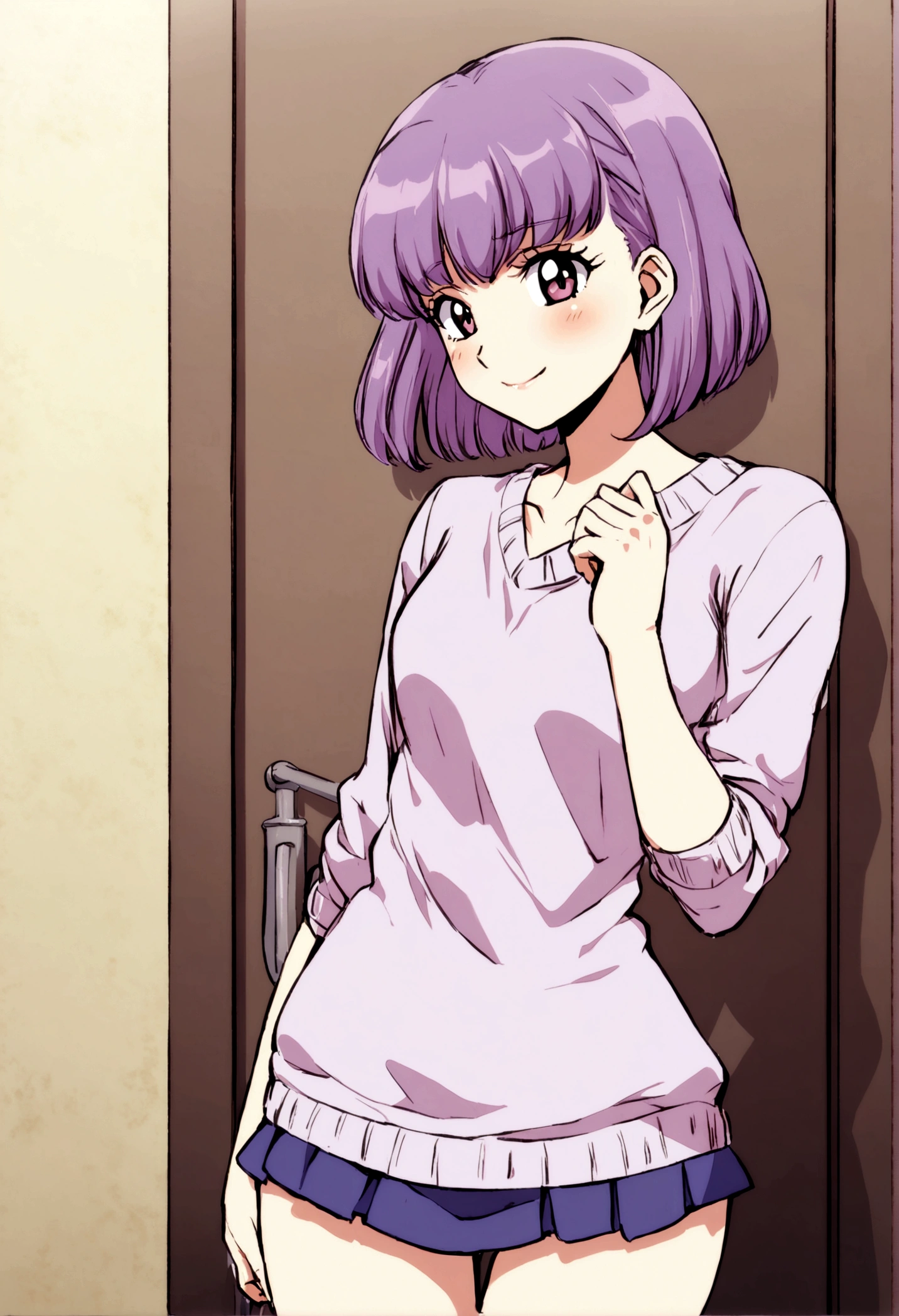 1 girl, Young teenager, retro anime style, lover,short hair ,((purple hair)), shy smile, seductive look, school sweater, short skirt