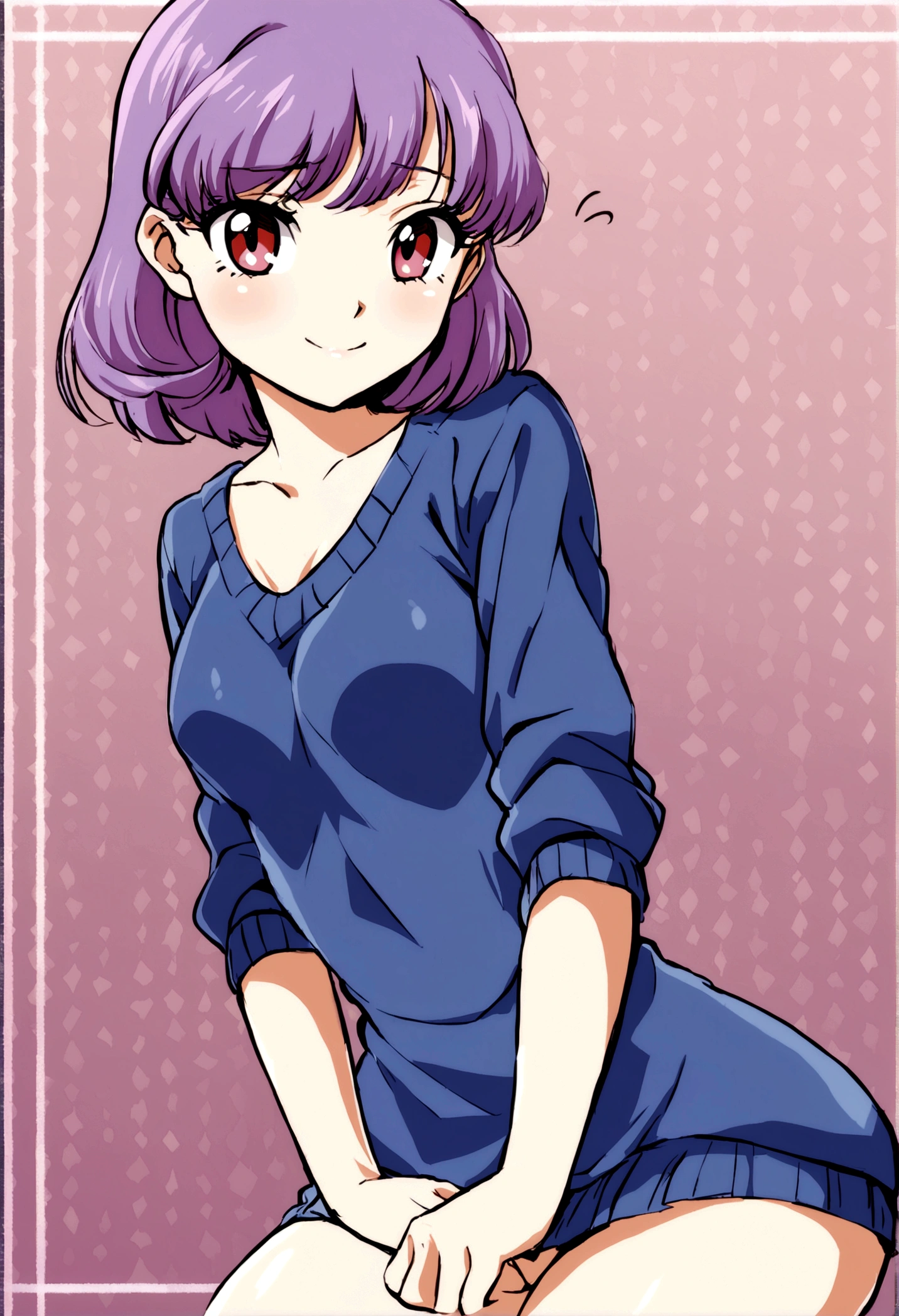 1 girl, Young ager, retro anime style, lover,short hair ,((purple hair)), shy smile, seductive look, school sweater, short skirt