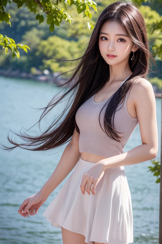 8K Super Resolution、Beauty、One Woman、Dark Brown Hair:1.1、Highly detailed face、Lips detail、important、(Eyes meet)、double eyelid、Princess Eyes、Beautiful Japanese Women、Beautiful Japanese Women、Sensual lips、Bewitching body、20th Generation、(21 years old)、far and near method、 Realistic Japanese women、Wearing a super realistic detailed tank top and mini skirt、Hair blowing in the wind、I can see your chest、Crisp images、The delicate sparkle of the eyes、Ultra-realistic detailed park with river、color々Hair style、Smiling with a nice smile、There is a thick fog in the background、Fantastic landscape、