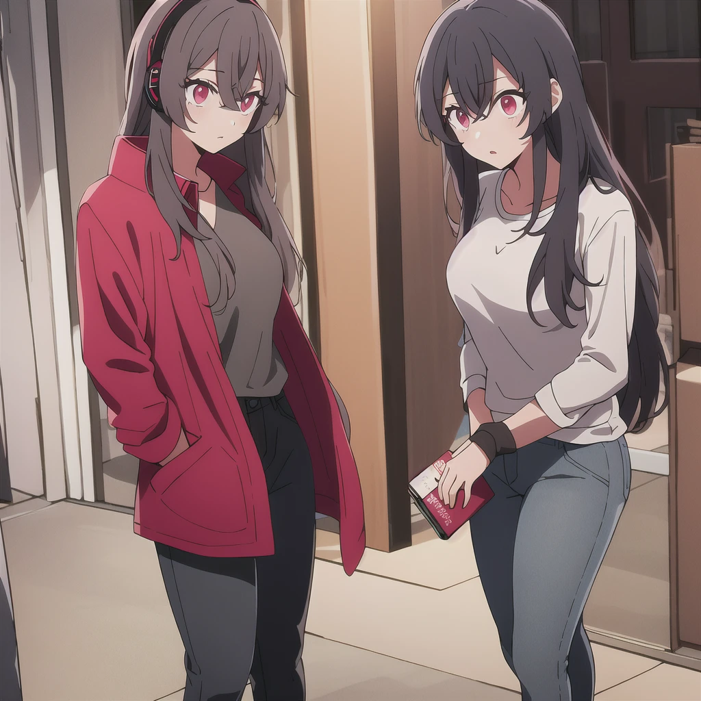 Tokyo Revengers screenshot. 16 year old girl, long straight black hair with red and White highlights and bangs. She has red eyes and has a serious expression, while she held a book in her hand. She is dressed in a black trench coat with urban details, underneath she has a loose white t-shirt and baggy jeans, and she is wearing headphones. She is standing in an alley at night. Tokyo Revengers drawing style.