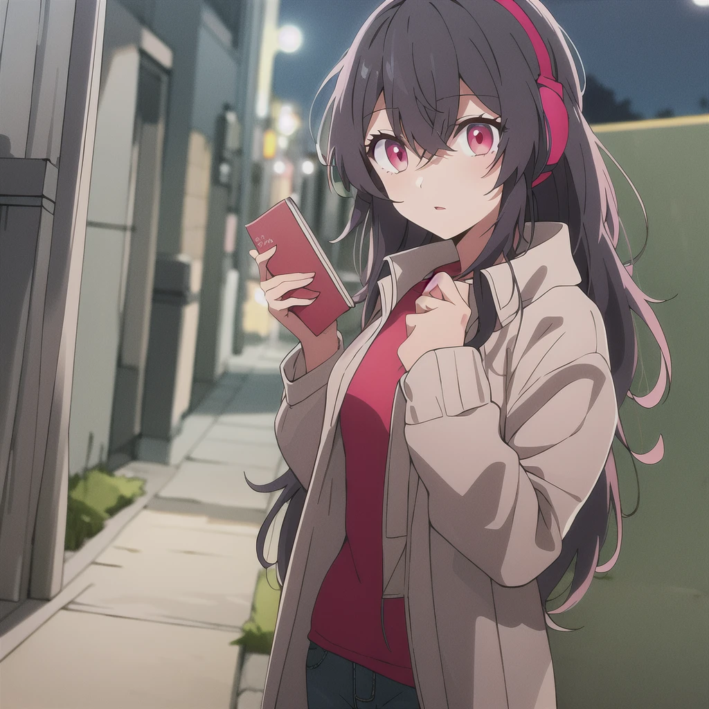 Tokyo Revengers screenshot. 16 year old girl, long straight black hair with red and White highlights and bangs. She has red eyes and has a serious expression, while she held a book in her hand. She is dressed in a black trench coat with urban details, underneath she has a loose white t-shirt and baggy jeans, and she is wearing headphones. She is standing in an alley at night. Tokyo Revengers drawing style.