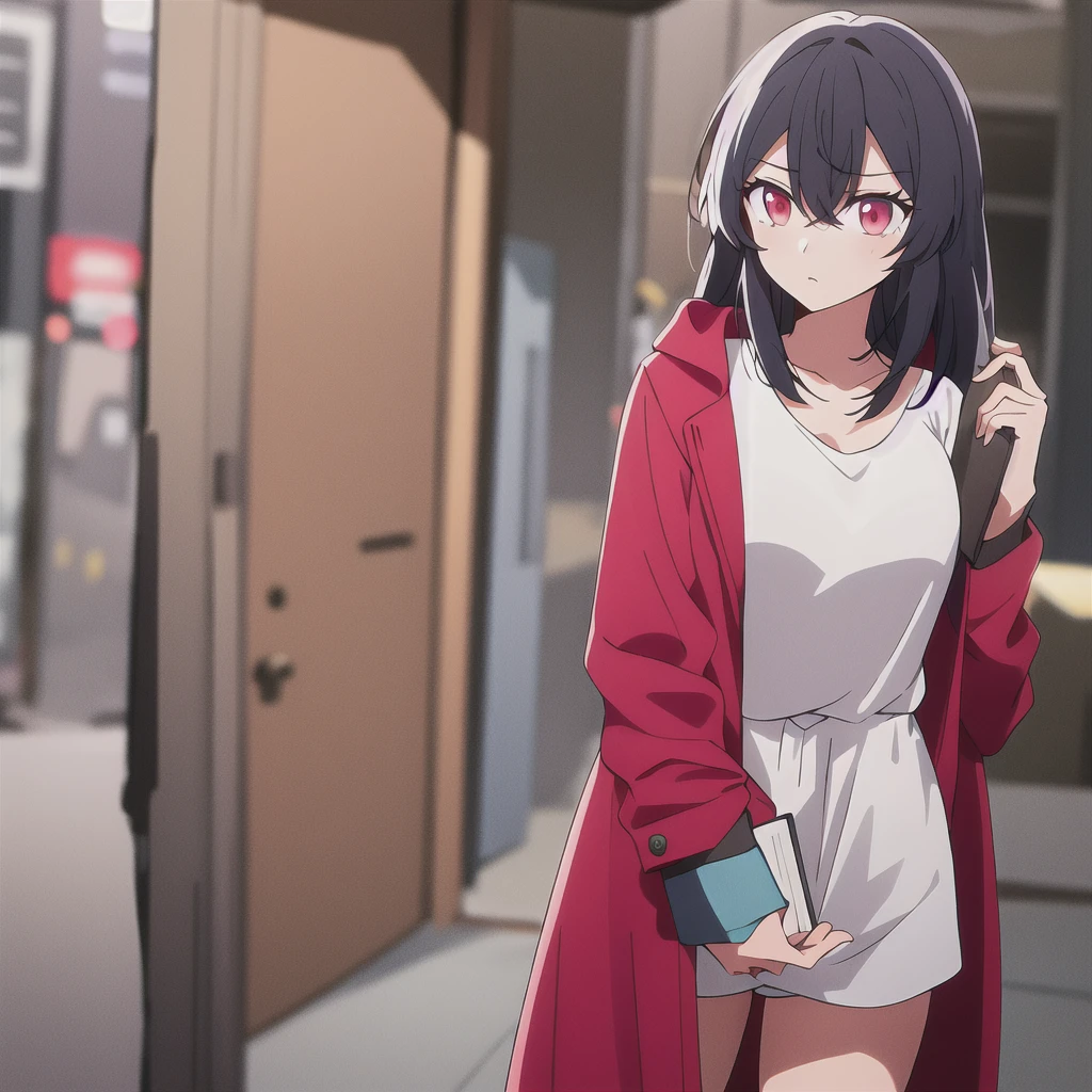 Tokyo Revengers screenshot. 16 year old girl, long straight black hair with red and White highlights and bangs. She has red eyes and has a serious expression, while she held a book in her hand. She is dressed in a black trench coat with urban details, underneath she has a loose white t-shirt and baggy jeans, and she is wearing headphones. She is standing in an alley at night. Tokyo Revengers drawing style.