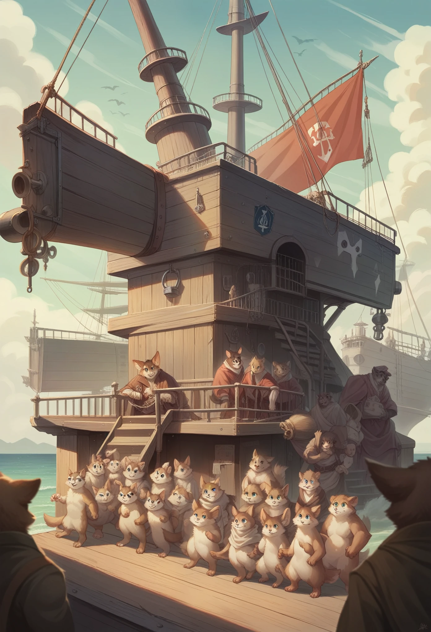 top quality, best quality, High-quality illustrations, masterpiece, super high resolution, detailed background, Hospitals with power outages, Spooky creatures, Pirate Ship, a pirate, 6+boys, 6+girls, absurdres(highly detailed beautiful face and eyes)perfect anatomy, expression, good lighting, cinematic shadow(kemono, furry anthro),