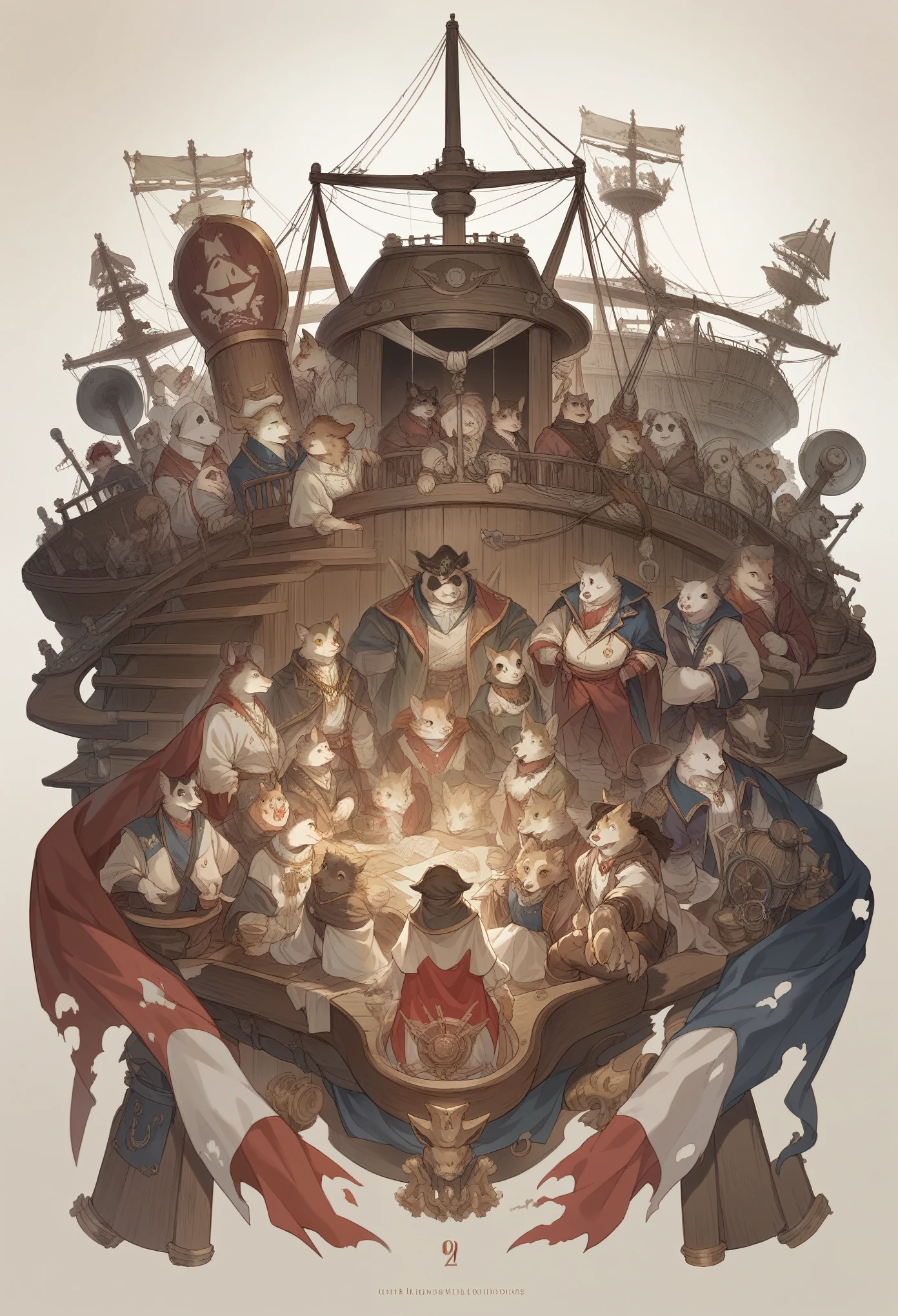 top quality, best quality, High-quality illustrations, masterpiece, super high resolution, detailed background, Hospitals with power outages, Spooky creatures, Pirate Ship, a pirate, 6+boys, 6+girls, absurdres(highly detailed beautiful face and eyes)perfect anatomy, expression, good lighting, cinematic shadow(kemono, furry anthro),
