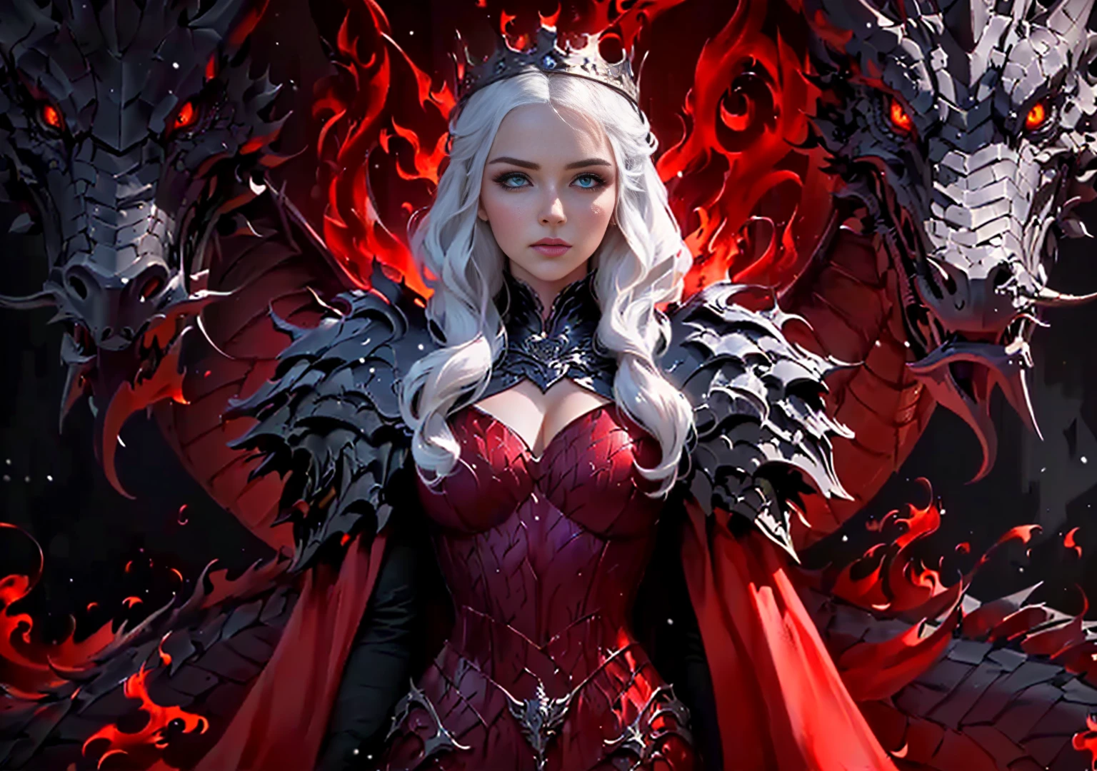 (Masterpiece), (film Style), (Super Detailed), (Beautiful), (UHD, HDR), (8K), (High Resolution: 1.2), (Complex and Beautiful: 1.2), (Dramatic Lighting: 1.2),Snow White as a beautiful lady of House Targaryen of Westeros, full body, black gold and red colors, Western Dragon and Fire detailing, purple eyes