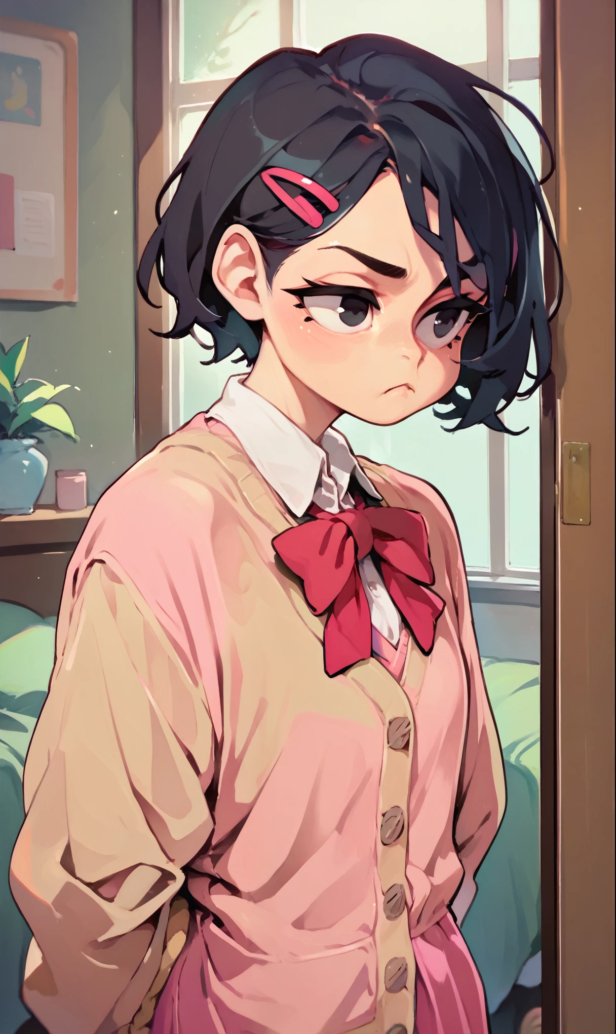 (score_9, score_8_up), score_7_up, score_6_up, score_5_up, score_4_up, Zenko, 1girl, black hair, half-length portrait, hair ornament, hairclip, black eyes, short hair, beige cardigan, cardigan, pink dress, red ribbon, standing, hands behind back, looking away, pout, white socks, black footwear, cheeks, pout, indoors, bedroom, close-up xaxaxa