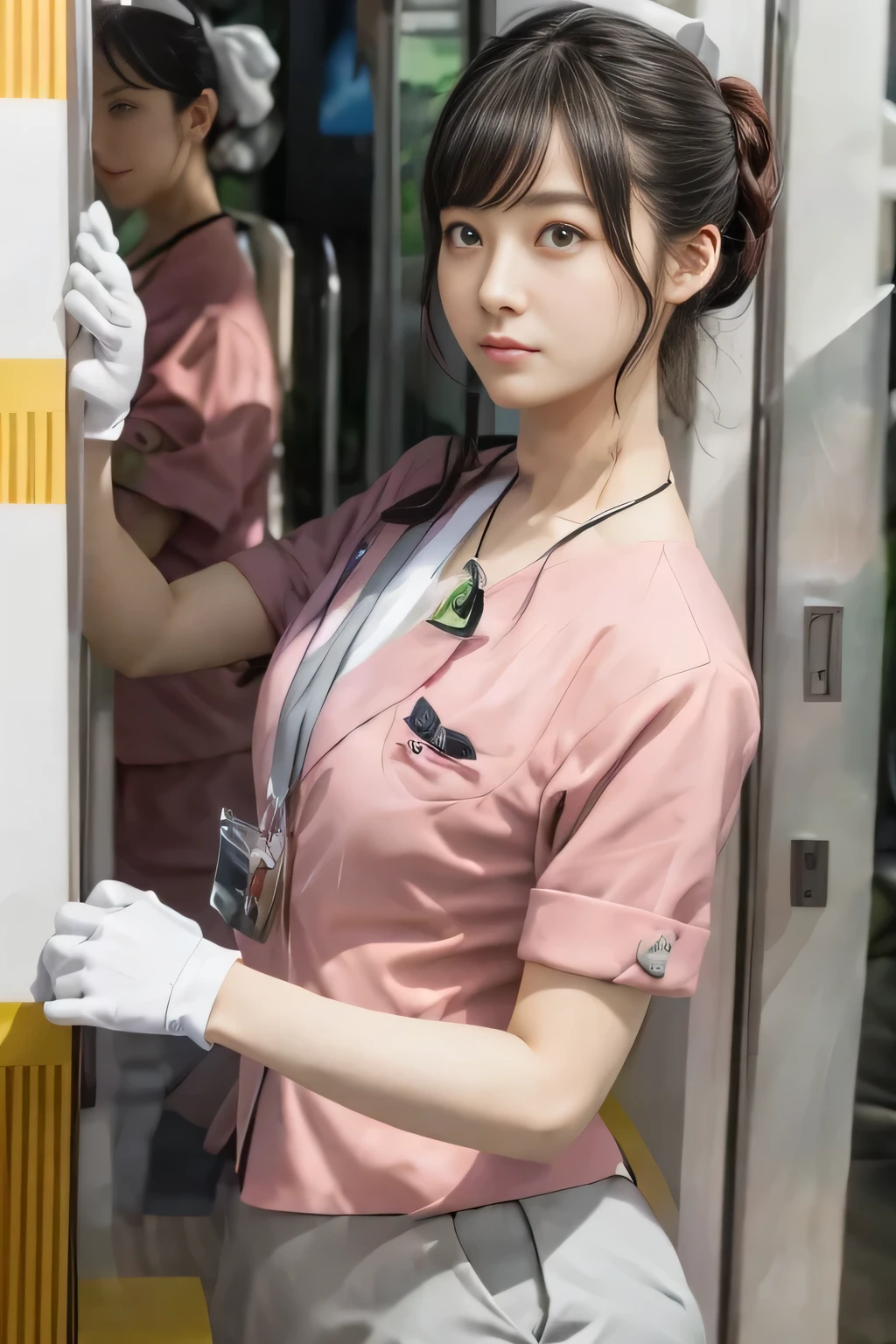 (masterpiece:1.2, Highest quality:1.2), 32k HDR, High resolution, (alone、1 girl)、 (Height: 160cm)、（On the rooftop of a building in the daytime、Professional Lighting）、Building rooftop background、（Nankai train crew uniform pinkを着たリアルスタイル）、（Nankai train crew uniform pink short sleeve collarless pink jacket、Nankai Train Crew Uniform Pink Collarless Short Sleeve Blouse、Nankai Train Crew Uniform Pink Grey Knee-length Culottes）、（The pink jacket is showing from the culottes.）、Dark brown hair、（Hair tied up、Hair tied up、Evening curly hairstyle）、Dark brown hair、Long Shot、Big Breasts、Thin legs、（（Great hands：2.0）），（（Harmonious body proportions：1.5）），（（Normal limbs：2.0）），（（Normal finger：2.0）），（（Delicate eyes：2.0）），（（Normal eyes：2.0））)、smile、（Nankai Train Crew Uniform Pink Grey Knee-length Culottesを見せた美しい歩く姿）、Place your hands around your stomach、Lanyard employee ID card