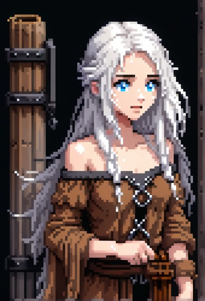 (Pixel art: 2.0), ung woman, 19 years old, medieval slave, white skin, long white hair, wearing ragged and dirty brown peasant clothes, shoulder-less and off-shoulder design, side view, covered nipples, visible lips and nose, blue eyes, Black background, sad face, determined expression.
