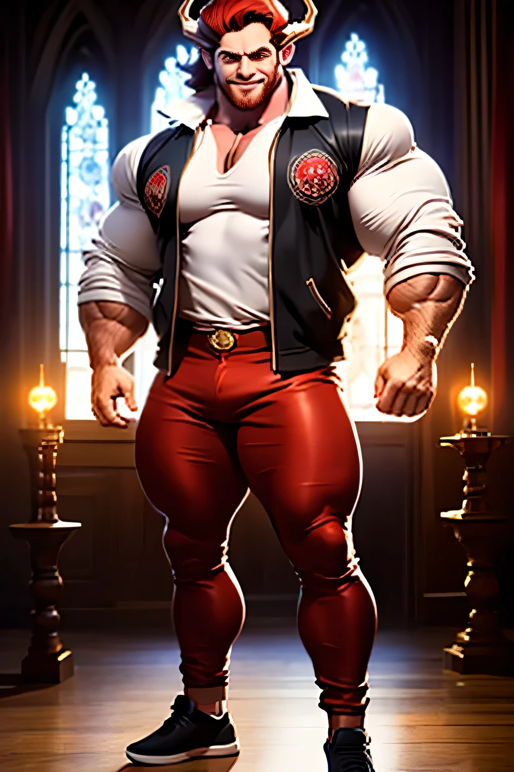 {{{{{masterpiece, best quality, high resolution illustration}}}}}, grey theme, {{{detailed face, intricate details, perfect fingers, perfect eyes, perfect hands}}}, 1boy, japan home, solo, demon male, young, looking at viewer, (red hair:1.2), very short red hair, red  glowing long horns, standing, full body, smiling, white shirt, disheveled hair, red horns, long horns, glowing eyes, brown eyes, fractal patterns, {{{cinematic lighting, natural light}}},round face, sly face, black footwear, brown jacket, jeans, manly