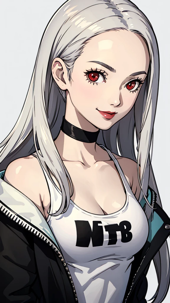 1 girl, Red eyes, long hair, black choker, black lipstick, smile, white hair, medium breast,forehead, face portrait, bandeau, wheatskin bikini tanlines