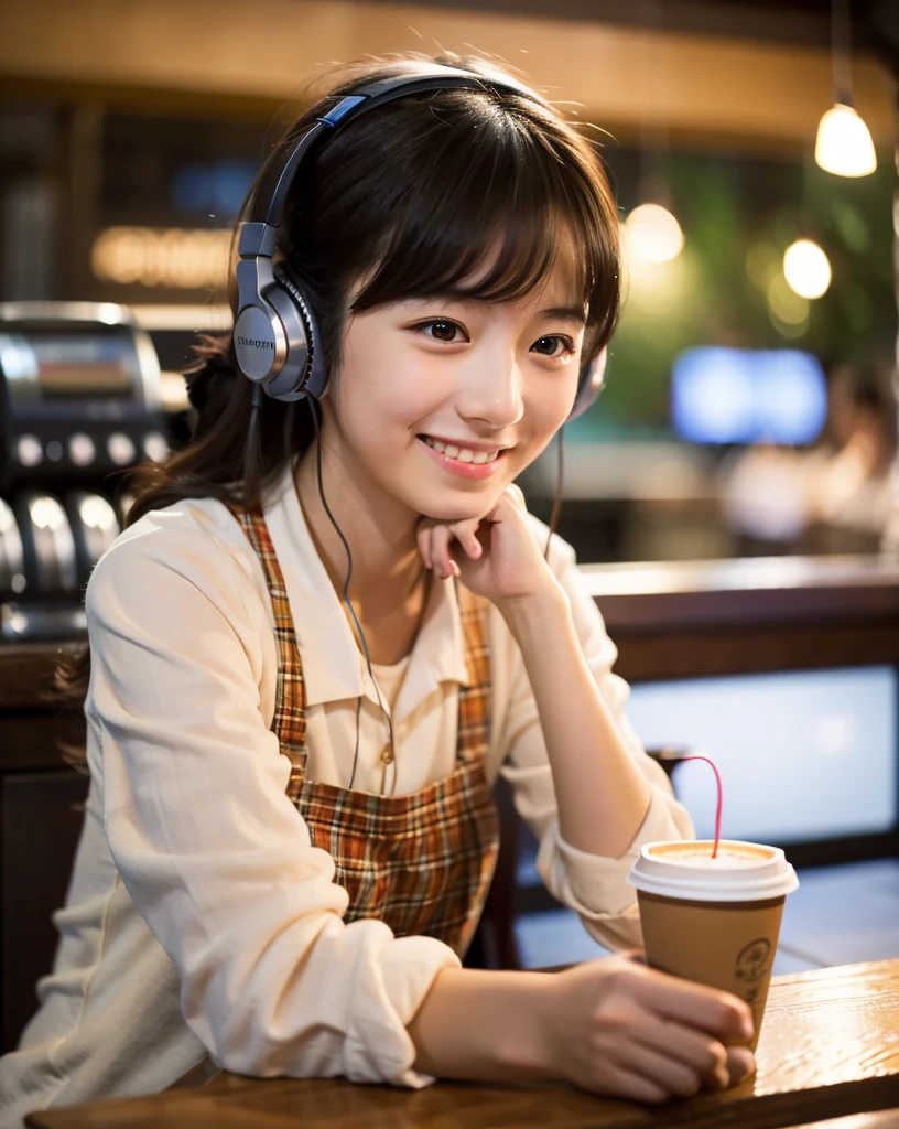 Ultra HD、128k、masterpiece、A cute elementary school girl studying in a coffee shop while listening to music with headphones、clavicle, RAW Photo、pretty girl、Hands on headphones, Warm lighting、Beautiful night view、Japanese anime style、Looking at this, smile, Smile