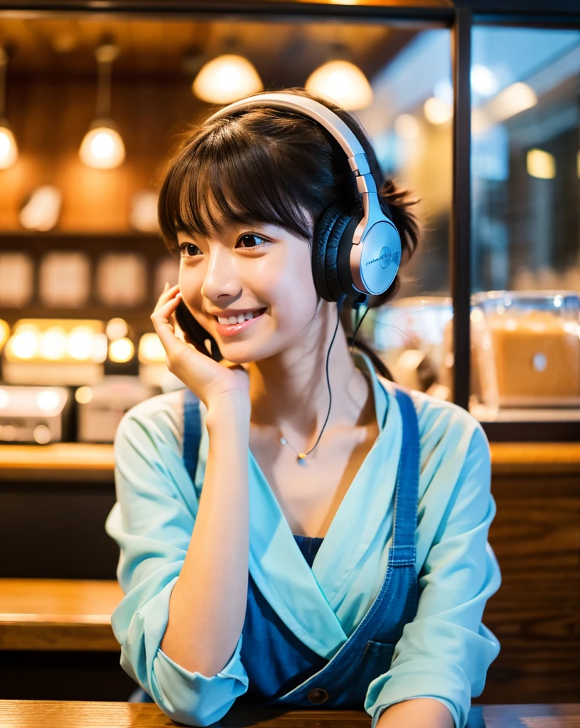Ultra HD、128k、masterpiece、A cute elementary school girl studying in a coffee shop while listening to music with headphones、clavicle, RAW Photo、pretty girl、Hands on headphones, Warm lighting、Beautiful night view、Japanese anime style、Looking at this, smile, Smile