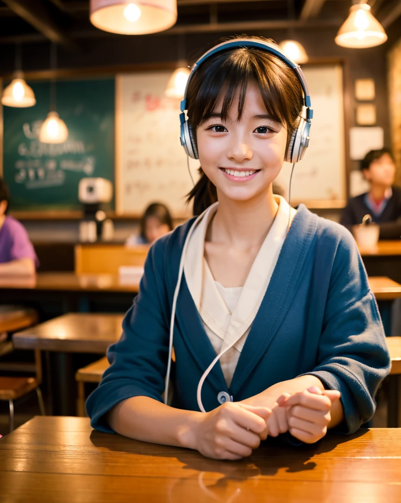 Ultra HD、128ｋ、masterpiece、A cute elementary school girl studying in a coffee shop while listening to music with headphones、clavicle, RAW Photo、pretty girl、Hands on headphones, Warm lighting、Beautiful night view、Japanese anime style、Looking at this, smile, Smile