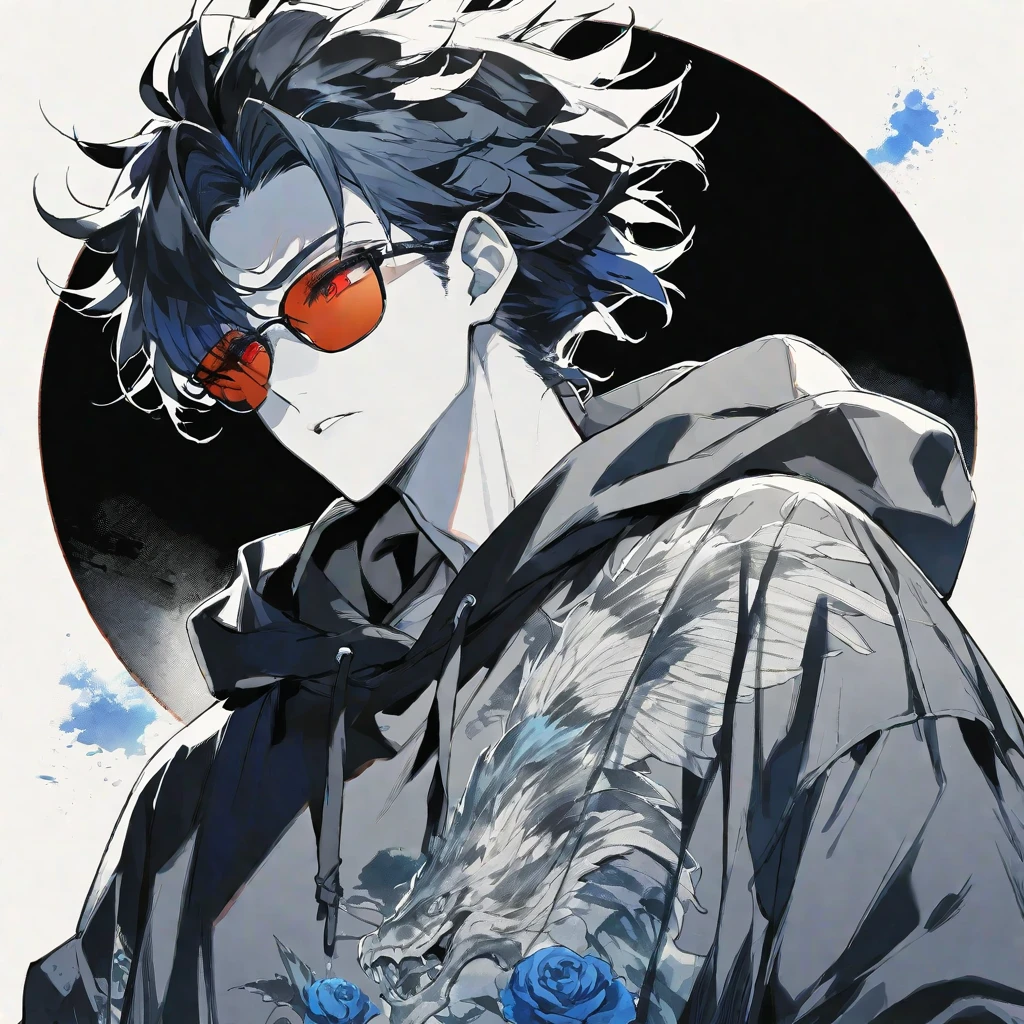 solo, handsome, Monochrome,watercolor,1 male, Ponytail, Braided black hair, red eyes, Gojo Satoru,casual,Blue Rose Tattoo,black Oversized hoodie,casual,Stylish,cool,sunglasses,
blackbackground,icon,Despise face up