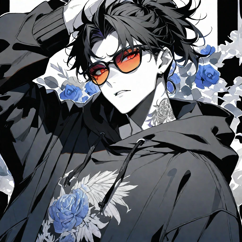 solo, handsome, Monochrome,watercolor,1 male, Ponytail, Braided black hair, red eyes, Gojo Satoru,casual,Blue Rose Tattoo,black Oversized hoodie,casual,Stylish,cool,sunglasses,
blackbackground,icon,Despise face up