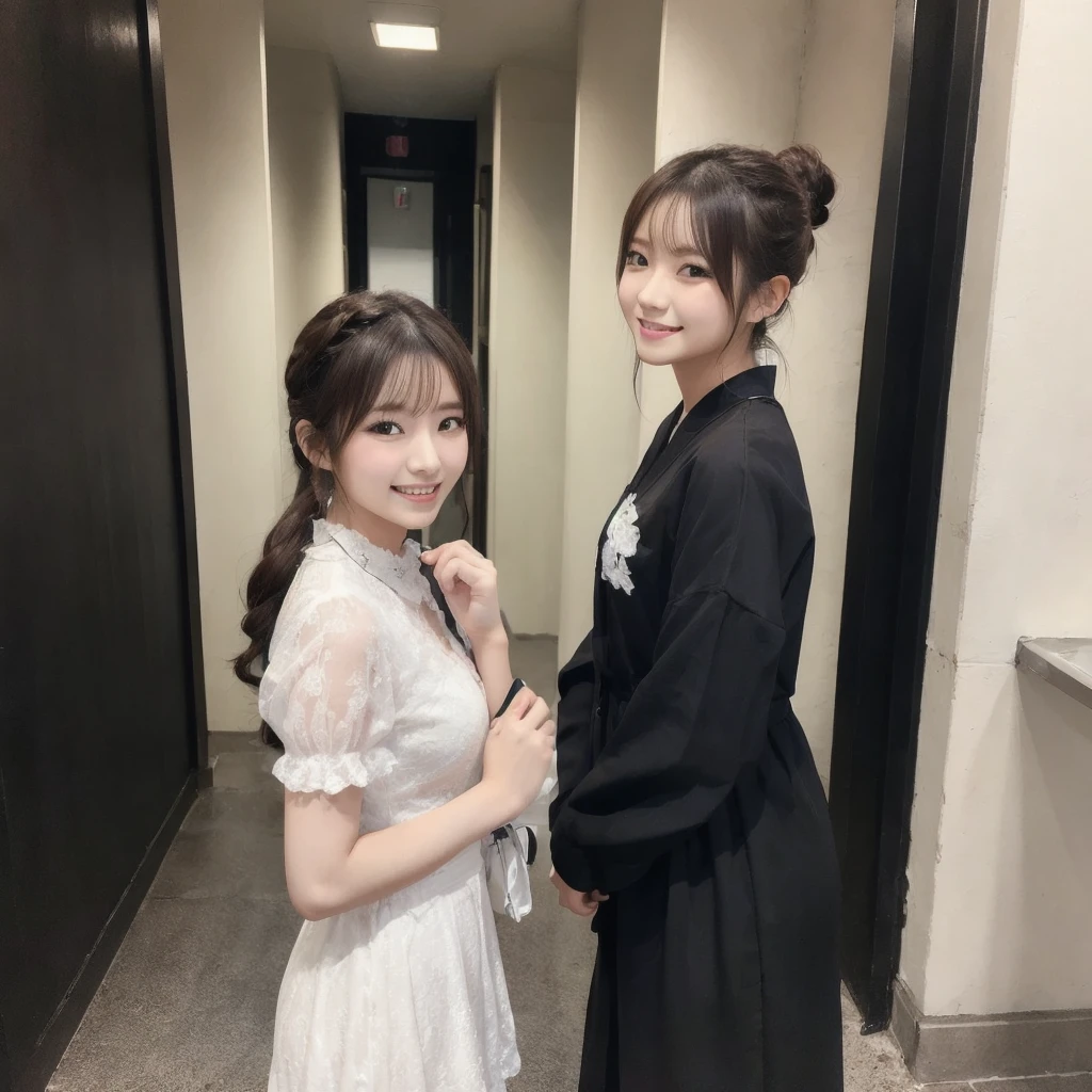 Draw a female idol singer being interviewed。She is Japanese。19years old。cute。Hair color is black。The hairstyle is a ponytail。The face has a smiling expression。The costume is white and frilly.。Being interviewed while being photographed。The location is a corridor with black walls.。