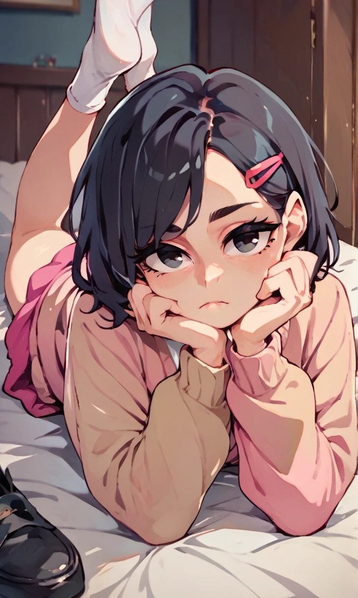 (score_9, score_8_up), score_7_up, score_6_up, score_5_up, score_4_up, Zenko, 1girl, black hair, hair ornament, hairclip, black eyes, short hair, beige cardigan, cardigan, pink dress, red ribbon, lying on bed, on stomach, elbow rest, hands on chin, looking away, expressionless, white socks, black footwear, legs up, cheeks, pout, indoors, bedroom, close-up xaxaxa