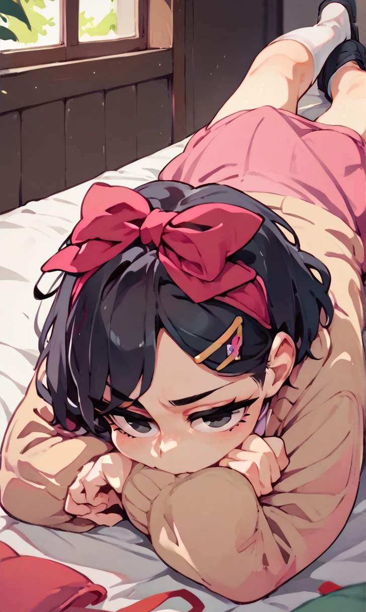 (score_9, score_8_up), score_7_up, score_6_up, score_5_up, score_4_up, Zenko, 1girl, black hair, hair ornament, hairclip, black eyes, short hair, beige cardigan, cardigan, pink dress, red ribbon, lying on bed, on stomach, elbow rest, hands on chin, looking away, expressionless, white socks, black footwear, legs up, cheeks, pout, indoors, bedroom, close-up xaxaxa