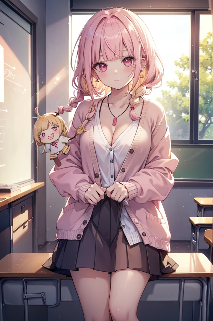 (((anime))), ((anime)), (Gal), Medium Hair, (Braid:1.3), (Blunt bangs:1.2),Two-tone hair, Blonde, (Pink Hair), Round face, Red eyes, (Droopy eyes), (((puppet))),Pink Lip,Earrings,necklace,[Dark Skin], A light smile, ((((cute)))), beautiful, 1 Girl, by 2 person, (cardigan:1.4), [Cleavage cutout],peace sign,beautiful background,(classroom:1.5),evening,sunlight,Backlight,masterpiece,Highest quality,Exquisite,8K,Absurd,Ultra-fine illustrations,(View your viewers),skirt lift,NSFW