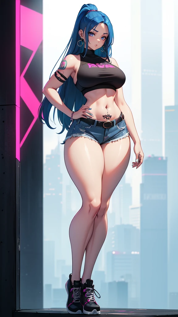 (blank background), (((full body framing))), standing, (masterpiece), (best quality), huge girl, (muscular girl:0.8), (thin hair:1.7), (long blue jeans), massive breast, hair over one eye:1.4, sport bra, (fuchsia hair), belt under navel, sneakers, ((long legs:1.6)), rock band shirt, cute:1.8, adorable:1.8, leather jacket, cyberpunk girl, ear piercings, earrings, tatoo, (very curvy:1.3), 1girl, solo, (curvy:1.4)