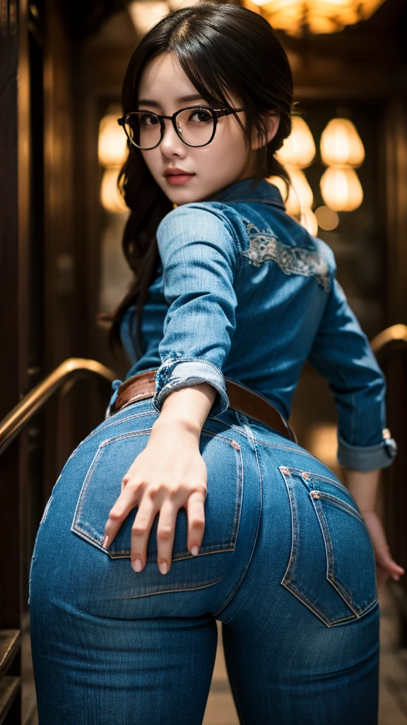 A cute Chinese girl with glasses, wearing tight jeans, butt, highly detailed facial features, intricate clothing textures, cinematic lighting, moody atmosphere, photorealistic, 8k, masterpiece