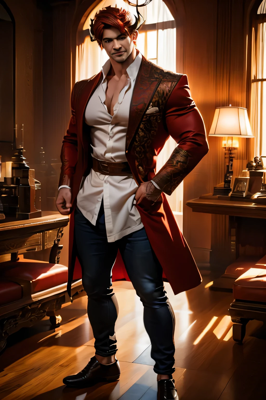 {{{{{masterpiece, best quality, high resolution illustration}}}}}, grey theme, {{{detailed face, intricate details, perfect fingers, perfect eyes, perfect hands}}}, 1boy, japan home, solo, demon male, young, looking at viewer, (red hair:1.2), very short red hair, red  glowing long horns, standing, full body, smiling, white shirt, disheveled hair, red horns, long horns, glowing eyes, brown eyes, fractal patterns, {{{cinematic lighting, natural light}}},round face, sly face, black footwear, brown jacket, jeans, manly