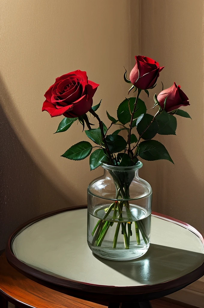painting of a single red rose in a glass vase on a table