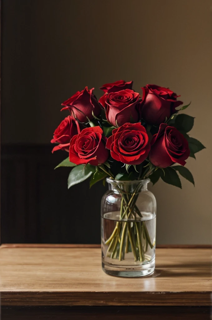 painting of a single red rose in a glass vase on a table