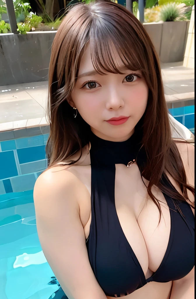 beautiful ((similar))  Cleavageが見える黒い革のユニフォームを着て, Reference photo, 最high quality, high quality, (Detailed face and eyes), dusk lighting,, Heavy makeup, 、whole body、ランダムでsexyなポーズ,Random Situation、(((Big ample breasts)))、Cleavage、Laughter、Bokeh、nature、Age 25、(Droopy Eyes 1.5)、Adult Beauty、nature、Japanese、(((Spread your legs)))、sexy、Glamour、Voluptuous、Transparency、(Touching breasts), (shy), (Captivating smile) , To the audience, ((In a huge pool)), The water surface is reflective, (In the pool, Wet body, Halter neck micro bikini), (extremely small)