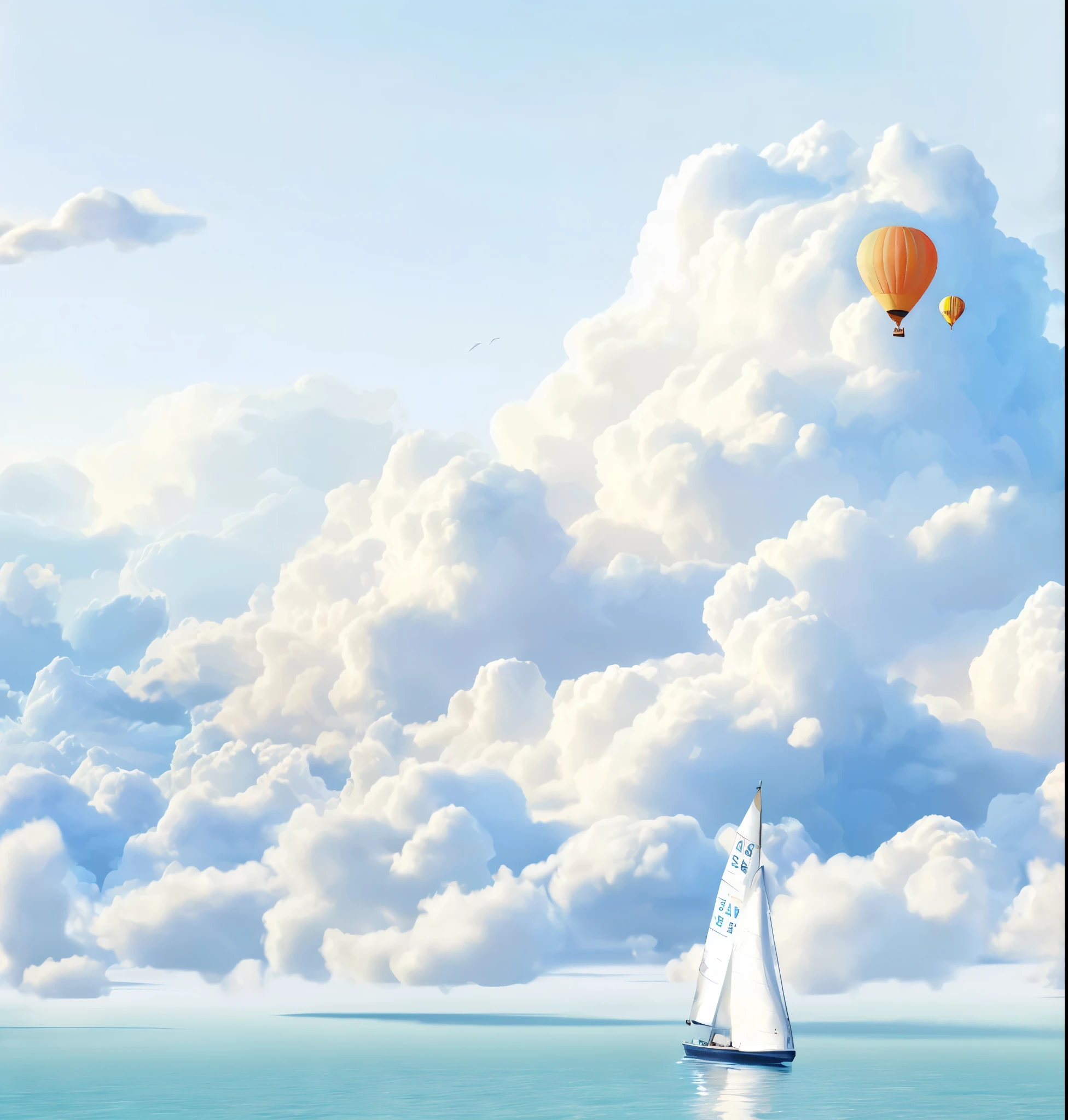 there is a sailboat in the water with a balloon in the sky, amazing wallpaper, clouds. fantasy, inspired by RHADS, high quality desktop wallpaper, 4 k hd illustrative wallpaper, inspired by Vladimir Kush, hd wallpaper, by Alexander Kucharsky, magic realism matte painting, in white clouds fairyland, high quality wallpaper, beautiful wallpaper, rhads!